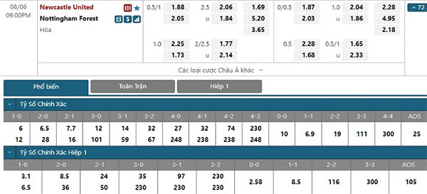 Tỷ lệ Newcastle United vs Nottingham